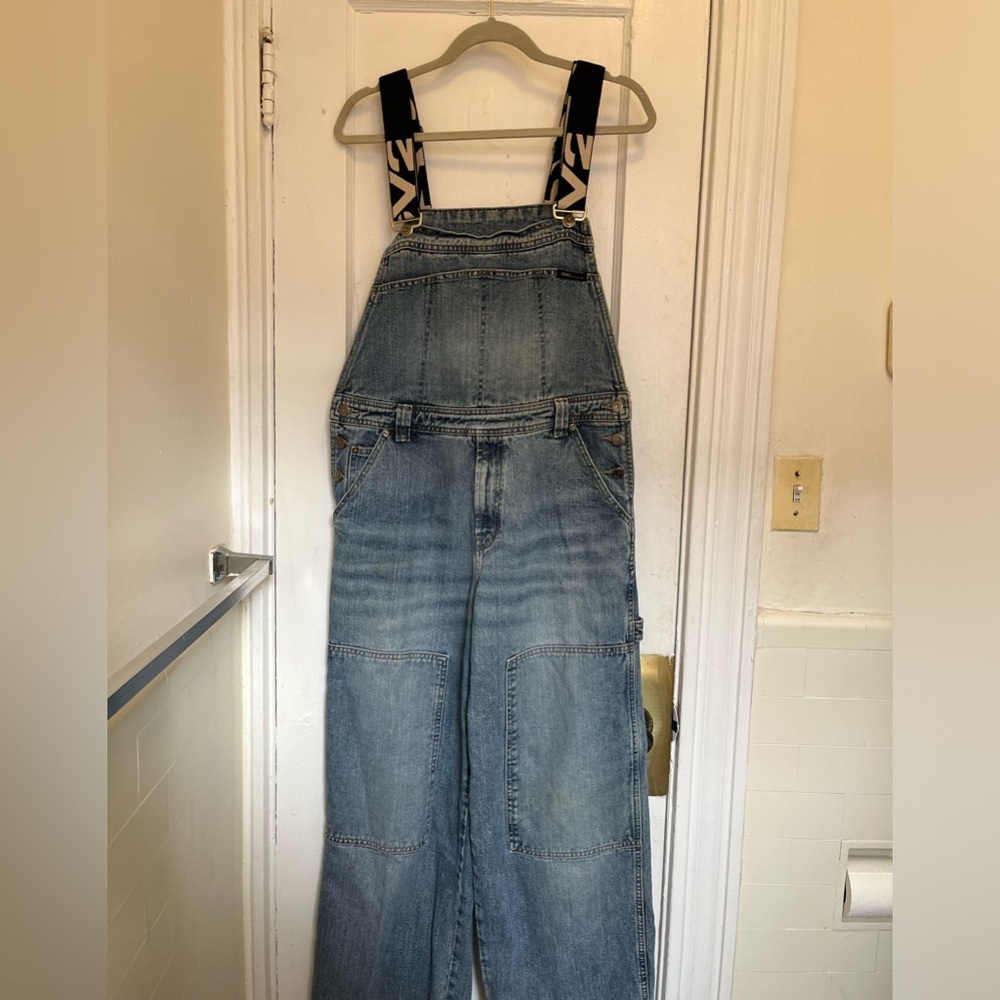 Thrifted overalls with detailing (velcro at bottom of legs to shorten length)